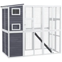 PawHut Wooden Outdoor Catio with Platforms, Asphalt Roof, Ramps, Light Gray(m-1)