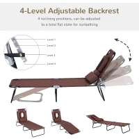 Outsunny Adjustable Outdoor Lounge Chair, Garden Folding Chaise Lounge with Face Hole Reclining Tanning Chair Seat, Folding Camping Beach Lounging Bed w/ Support Pillow, Brown(m-4)