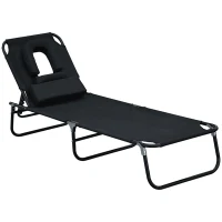 Outsunny Folding Outdoor Lounge Chair, Portable Reclining Beach Lounger with Face Hole, Detachable Pillow, 4-Position Adjustable Backrest, For Patio, Garden, Poolside, Black(m-2)