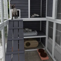 PawHut Wooden Outdoor Catio with Platforms, Asphalt Roof, Ramps, Light Gray(m-9)