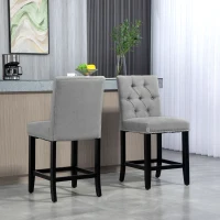 HOMCOM Fabric Bar Stool Set of 2, Tall 25.6" Seat Height Bar Chairs with Tufted Back & Wood Legs, Light Grey(m-8)