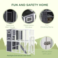 PawHut Wooden Outdoor Catio with Platforms, Asphalt Roof, Ramps, Light Gray(m-7)