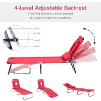 Outsunny Adjustable Outdoor Lounge Chair, Garden Folding Chaise Lounge with Face Hole Reclining Tanning Chair Seat, Folding Camping Beach Lounging Bed w/ Support Pillow, Red(m-4)