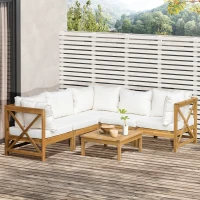 Outsunny 6 Piece Wood Patio Furniture Set, Outdoor Sectional Sofa with Cushions and Coffee Table, Acacia Wood Conversation Set Couch, Cream White(m-2)