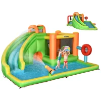 Outsunny 7-in-1 Backyard Inflatable Bounce House with Pool Sports, Water Blaster, and More, Inflatable Water Slide for Kids with 2 Min. Inflation, Large Outdoor Game for Birthday Party Activities(m-1)