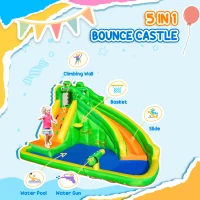 Outsunny 5 in 1 Inflatable Water Slide, Crocodile Style Water Park Bounce House Castle with Slide, Pool, Hoop, Water Cannon, Climbing Wall, Include Air Blower(m-4)