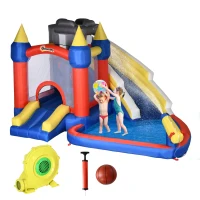 Outsunny 6-in-1 Inflatable Water Slide, Kids Castle Bounce House with Slide, Trampoline, Basket Hoop, Pool, Cannon, Climbing Wall Includes Carry Bag, Repair Patches, Basketball, 680W Air Blower(m-1)