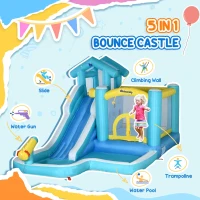 Outsunny 5-in-1 Kids Inflatable Bounce House Jumping Castle with Slide, Climbing Wall, Trampoline, & Water Pool Area, Water Cannon, Sea Balls, Air Blower(m-4)