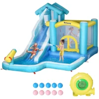 Outsunny 5-in-1 Kids Inflatable Bounce House Jumping Castle with Slide, Climbing Wall, Trampoline, & Water Pool Area, Water Cannon, Sea Balls, Air Blower(m-1)