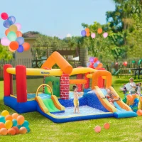 Outsunny 12.5 x 12FT Large Kids Bounce House, Castle-Themed with 2 Slides, Trampoline, Inflatable Pool, Climbing Wall, Carry Bag, 450W Air Blower(m-1)