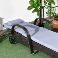 Outsunny Outdoor Lounger, Deck Lounge Chair with Headrest, 5-Level Adjustable, Backrest, Wheels, Deep Coffee and Silver Grey(m-10)