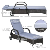 Outsunny Outdoor Lounger, Deck Lounge Chair with Headrest, 5-Level Adjustable, Backrest, Wheels, Deep Coffee and Silver Grey(m-3)