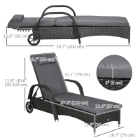 Outsunny Outdoor Lounger, Deck Lounge Chair with Headrest, 5-Level Adjustable, Backrest, Wheels, Deep Coffee and Med Grey(m-3)