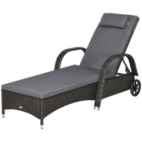 Outsunny Outdoor Lounger, Deck Lounge Chair with Headrest, 5-Level Adjustable, Backrest, Wheels, Deep Coffee and Med Grey(m-2)
