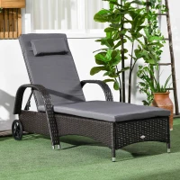 Outsunny Outdoor Lounger, Deck Lounge Chair with Headrest, 5-Level Adjustable, Backrest, Wheels, Deep Coffee and Med Grey(m-1)