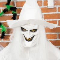 Outsunny 74" Life Size Outdoor Halloween Decorations White Witch Holding Pumpkin Head, Standing Skeleton Ghost Animated Prop Décor with Light Up Eyes and Body(m-7)