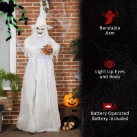 Outsunny 74" Life Size Outdoor Halloween Decorations White Witch Holding Pumpkin Head, Standing Skeleton Ghost Animated Prop Décor with Light Up Eyes and Body(m-6)