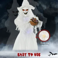 Outsunny 74" Life Size Outdoor Halloween Decorations White Witch Holding Pumpkin Head, Standing Skeleton Ghost Animated Prop Décor with Light Up Eyes and Body(m-5)