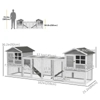 PawHut 102" 2 in 1 Wooden Rabbit Hutch Double Main House Pet Playpen Large Bunny House Enclosure for Indoor Outdoor with Run Box, Slide-out Tray, Ramp, for Rabbits and Small Animals, Grey(m-3)