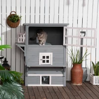 PawHut Outdoor Cat House, 3-Tier Kitty Shelter with 5 Escape Doors, Weather Resistant, Gray & White(m-9)