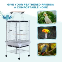 PawHut 63" Large Bird Parrot Cage Stand Finch Feeder Play Top House Perch Bowl Wheels, Silver(m-4)
