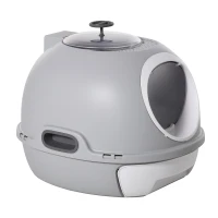 PawHut Cat Litter Box Toilet with Lid, Covered Litter Box with Scoop, Enclosed Drawer and Skylight, Grey(m-2)