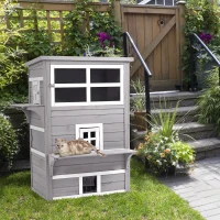 PawHut Outdoor Cat House, 3-Tier Kitty Shelter with 5 Escape Doors, Weather Resistant, Gray & White(m-2)
