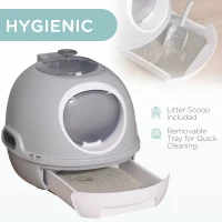 PawHut Cat Litter Box Toilet with Lid, Covered Litter Box with Scoop, Enclosed Drawer and Skylight, Grey(m-4)
