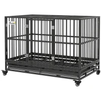 PawHut 48" Heavy Duty Dog Crate Metal Cage Kennel with Lockable Wheels, Double Door and Removable Tray, gray(m-1)