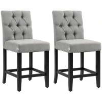 HOMCOM Fabric Bar Stool Set of 2, Tall 25.6" Seat Height Bar Chairs with Tufted Back & Wood Legs, Light Grey(m-11)