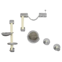 PawHut 5PCs Cat Wall Shelves with Hammock, Scratching Posts, Perches, Ladder, for Indoor Cats, Light Grey(m-2)