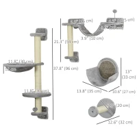 PawHut 5PCs Cat Wall Shelves with Hammock, Scratching Posts, Perches, Ladder, for Indoor Cats, Light Grey(m-3)