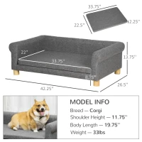 PawHut Medium to Large Dog Couch Bed, Pet Sofa with Removable Seat Cushion and Elevated Base, Dark Gray(m-3)