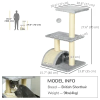 PawHut 28" Cat Tree with Scratching Post, Pad, Toy Ball for Indoor Cats, Light Grey(m-3)