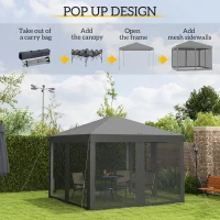 Outsunny 10' x 10' Pop Up Canopy Tent Gazebo with Removable Mesh Sidewall Netting, Carry Bag for Backyard Patio Outdoor, Light Grey(m-4)