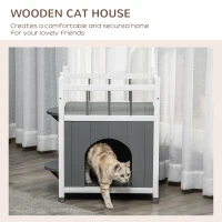 PawHut 2-Story Cat House Wooden Condo, Kitten Shelter with Balcony, Jump Steps, Multiple Entrances, for Feral Cats - Grey(m-7)