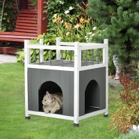 PawHut 2-Story Cat House Wooden Condo, Kitten Shelter with Balcony, Jump Steps, Multiple Entrances, for Feral Cats - Grey(m-4)