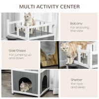 PawHut 2-Story Cat House Wooden Condo, Kitten Shelter with Balcony, Jump Steps, Multiple Entrances, for Feral Cats - Grey(m-5)