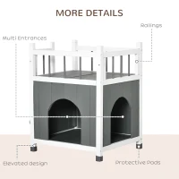 PawHut 2-Story Cat House Wooden Condo, Kitten Shelter with Balcony, Jump Steps, Multiple Entrances, for Feral Cats - Grey(m-6)
