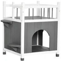 PawHut 2-Story Cat House Wooden Condo, Kitten Shelter with Balcony, Jump Steps, Multiple Entrances, for Feral Cats - Grey(m-2)