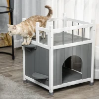 PawHut 2-Story Cat House Wooden Condo, Kitten Shelter with Balcony, Jump Steps, Multiple Entrances, for Feral Cats - Grey(m-1)