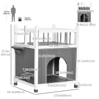 PawHut 2-Story Cat House Wooden Condo, Kitten Shelter with Balcony, Jump Steps, Multiple Entrances, for Feral Cats - Grey(m-3)