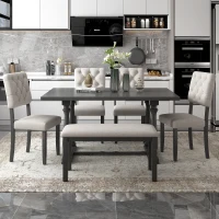 6-Piece Dining Table and Chair Set with Special-Shaped Legs, Foam-Covered Seat Backs & Cushions, Retro Pine Veneer, Gray(m-8)