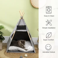 PawHut Pet Teepee Tent Cat Cave Small Dog Bed with Thick Cushion, Name Chalkboard for Kitten and Puppy Grey(m-6)