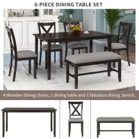 6-Piece Kitchen Dining Table Set, Wooden Rectangular Table with 4 Fabric Chairs and Bench, Durable Solid Wood Frame, 60''L x 36''W x 30''H, Espresso(m-5)