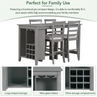 5-Piece Rubber Wood Counter Height Kitchen Table Set with Padded Chairs, Multi-Functional Table, Wine Compartment, and Wineglass Holders, Gray(m-5)
