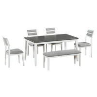 6-Piece Dining Set, Includes Dining Table, 4 Upholstered Chairs & Bench, Rubber Wood Legs, MDF Tabletop, 60''L x 36''W x 30''H, White+gray(m-2)