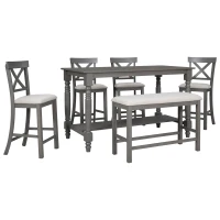 6-Piece Counter Height Dining Table Set with Shelf, 4 Chairs and Bench, High-Density Foam Cushions, MDF and Melaleucar Wood, 60''L x 29.5''W x 36''H, Gray(m-2)