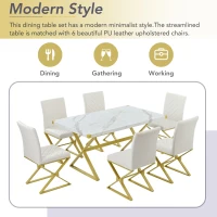 Vinsetto 7-Piece Pedestal Modern Dining Table Set, Rectangular Marble Texture Kitchen Table with 6 PU Leather Chairs and X-Shaped Gold Steel Pipe Legs, 60"L x 36"W x 30"H, White(m-4)