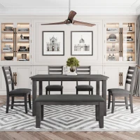Dining Room Table and Chairs with Bench, Rustic Wood Dining Set, 6-Piece, Distressed Finish, Upholstered Seats, Solid Wood Legs, 60"L x 36"W x 30.3"H Table, Gray(m-8)